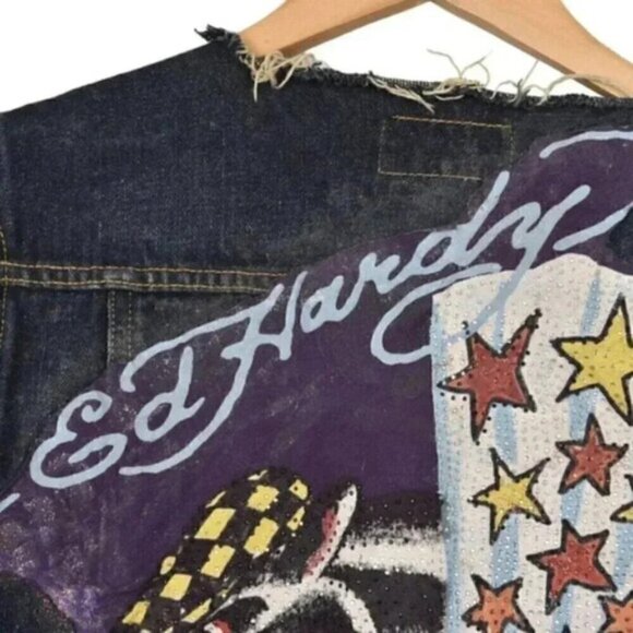 Polo Jeans Ralph Lauren Ed Hardy Denim Vest Rework Blue Jean Size Large - Picture 3 of 11